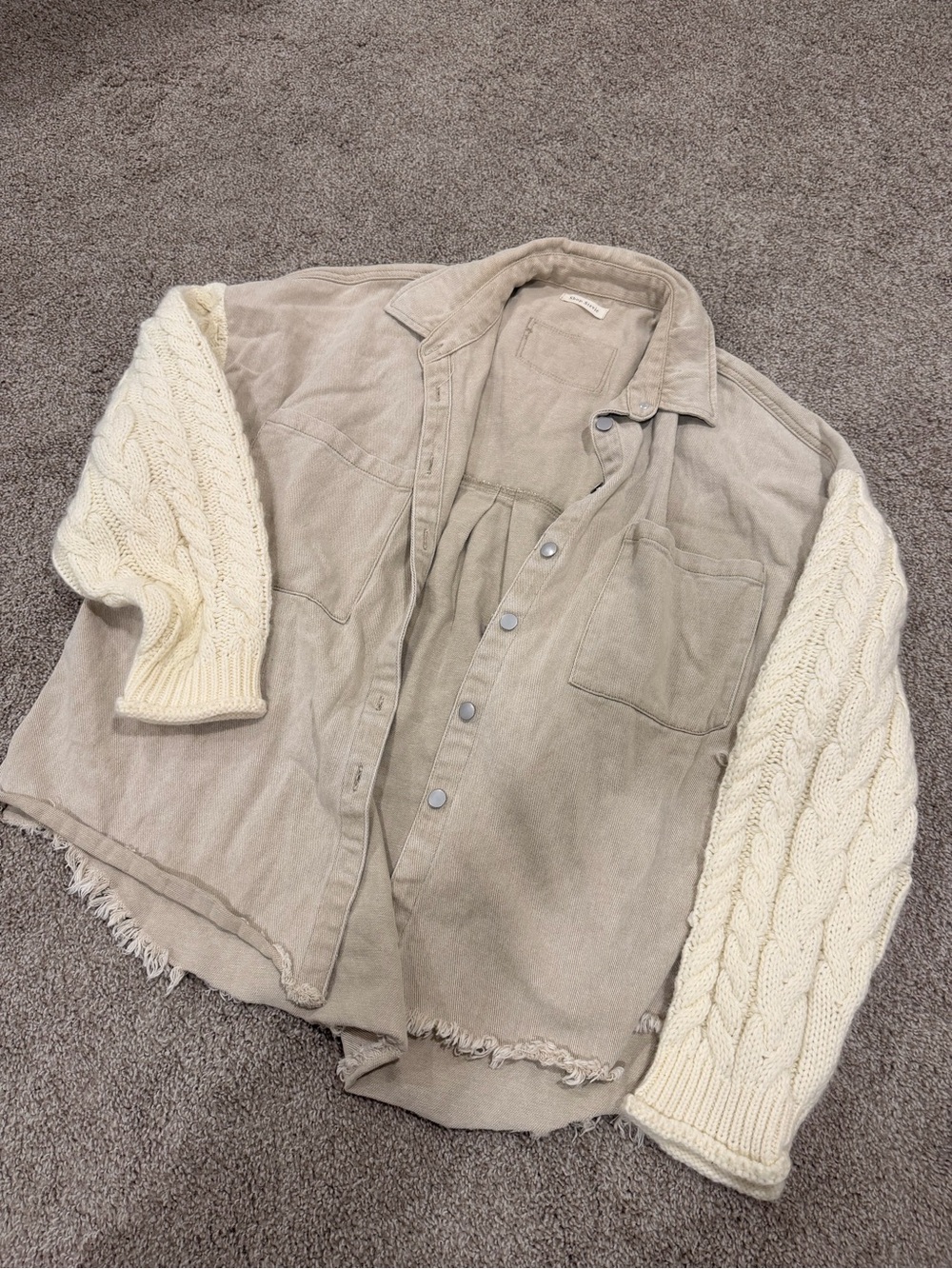 Shop Stevie Two-Tone Beige Jacket with Cream Cable Knit Sleeves